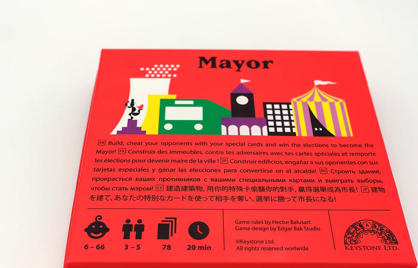 Back of the Mayor box: the illustrated city, the text in six languages and the pictograms ages 6–66, 3–5 players, 78 cards, 20 min