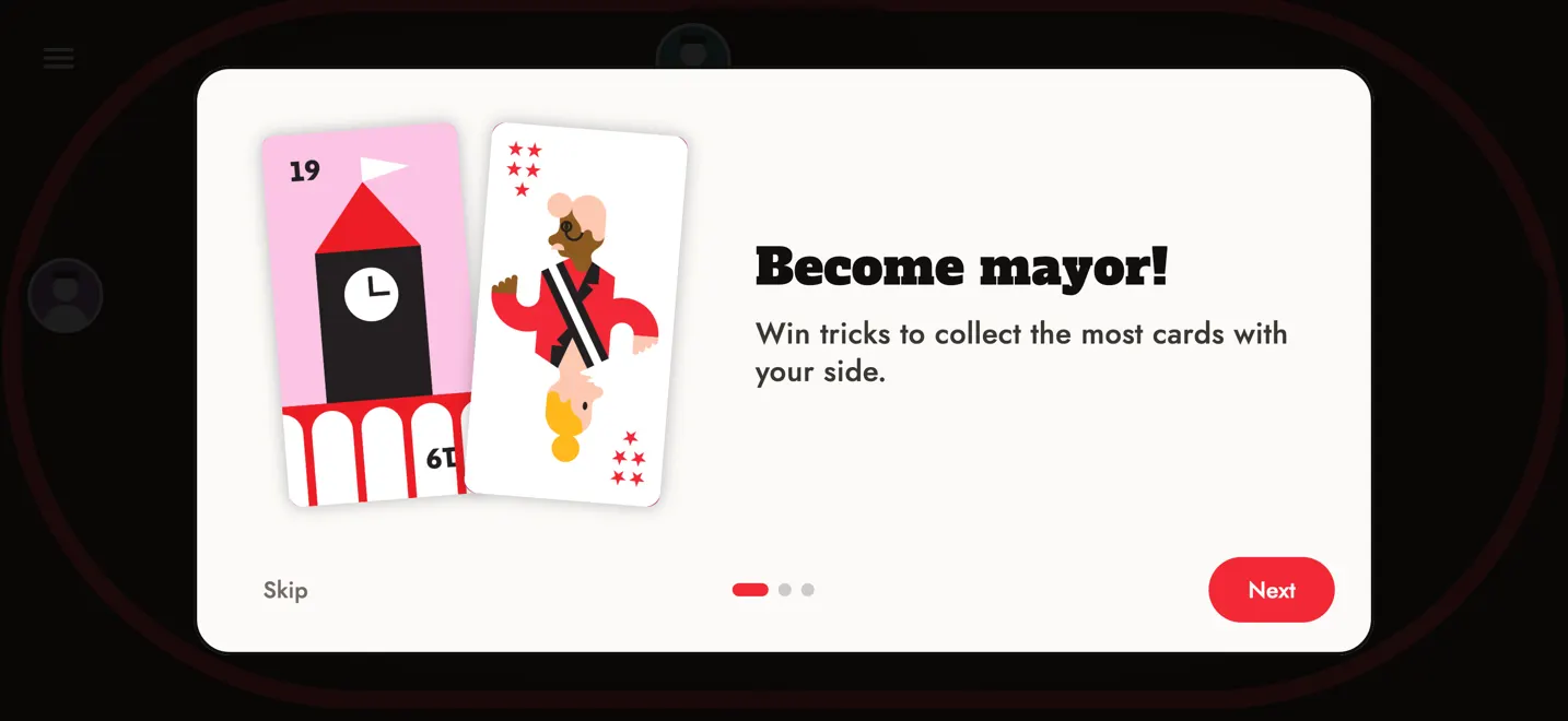 Guided first game: three pictures, then tips at the right moment.