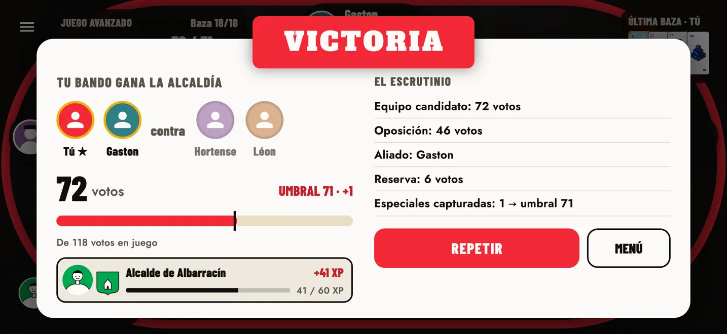 El escrutinio: votos, reserva, Especiales capturadas y experiencia ganada.