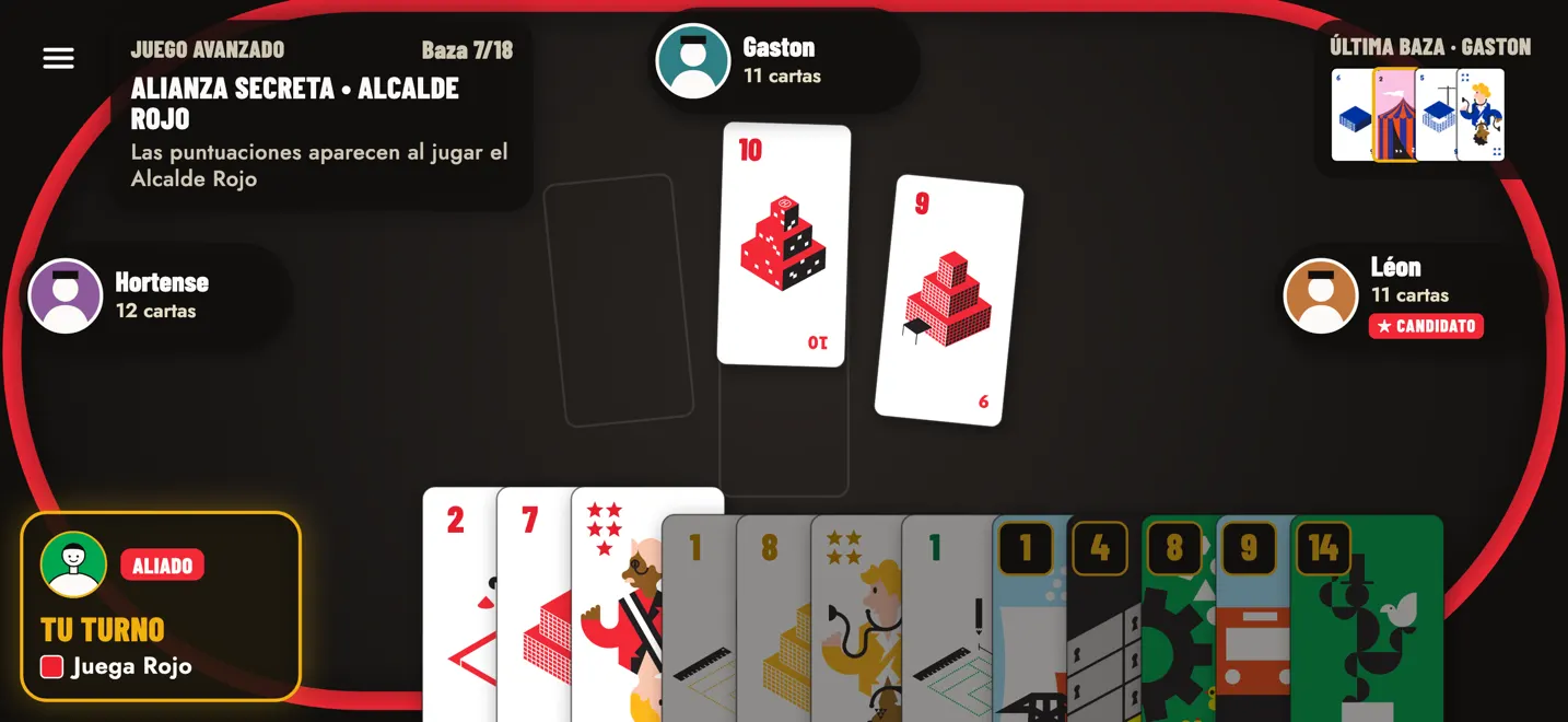 Juego avanzado: la alianza sigue secreta hasta que se juega el Alcalde rojo.