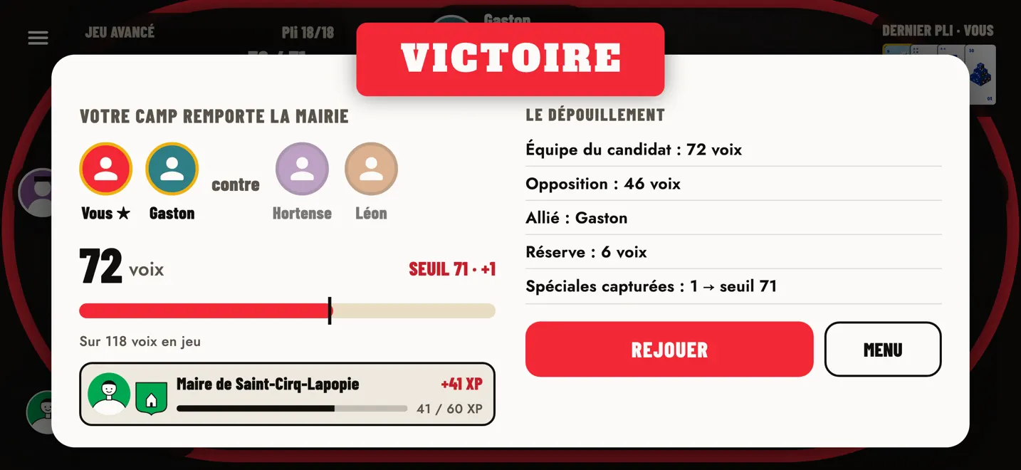 Le dépouillement : voix, réserve, Spéciales capturées et expérience gagnée.