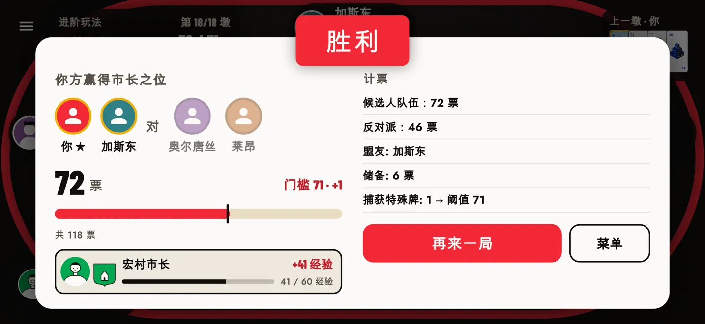 计票：票数、票仓、捕获的特殊牌和获得的经验。